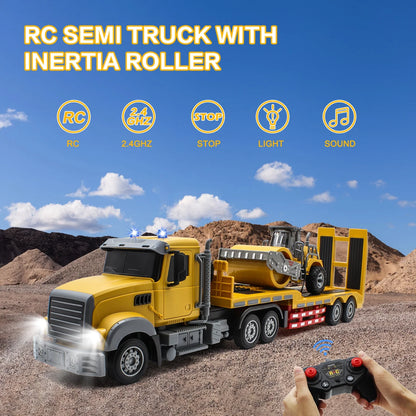 RC Semi Truck with Trailer, 1:24 Semi-Trailer Engineering Tractor with Road Roller Toys, 2.4GRemote Control Flatbed Truck with with LED Lights & Music, Construction Vehicles Toy for Boys