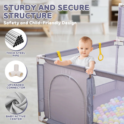 JoyStone Baby Playpen with 30 Ocean Ball, 50 x 50 inch Baby Playard, Baby Fence with Soft Breathable Mesh & Basketball Hoop, Grey