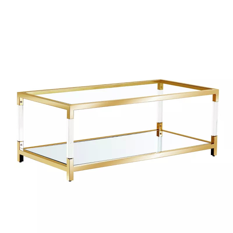 Dolonm Gold Glass Coffee Table - Modern Acrylic Leg, Mirror Bottom, Tempered Glass Top 47.2" for Living Room, Luxury Stainless Steel Frame