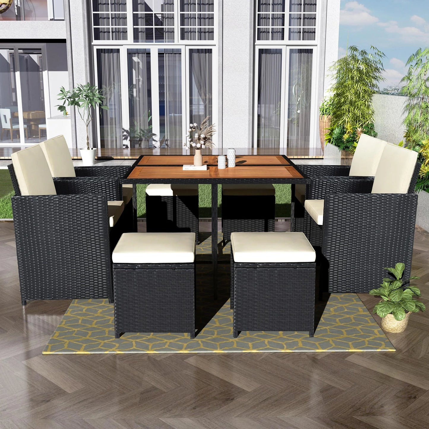 9 Piece Patio Furniture Dining Set, Outdoor Rattan Wicker Patio Dining Table Set, All-Weather Conversation Set with Ottoman for Garden Poolside Balcony