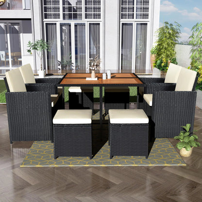 9 Piece Patio Furniture Dining Set, Outdoor Rattan Wicker Patio Dining Table Set, All-Weather Conversation Set with Ottoman for Garden Poolside Balcony