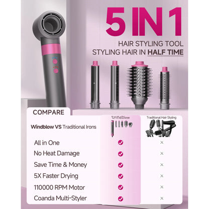 WindBlow 5 in 1 Hot Air Brush, High Speed Hair Dryer Brush Set with Negative Ion