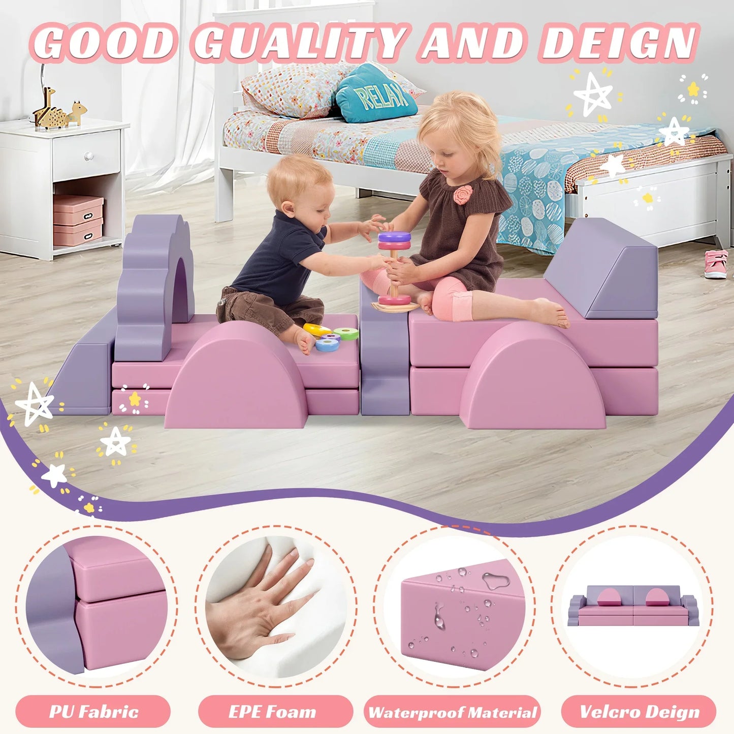 Sesslife 10 PCS Modular Kids Play Couch, Toddler Sofa Couch for Crawl Foam Play, Climbing Blocks Convertible Sofa, Modern Nugget Couch for Toddlers, Infant, Kids, Per-School, Pink
