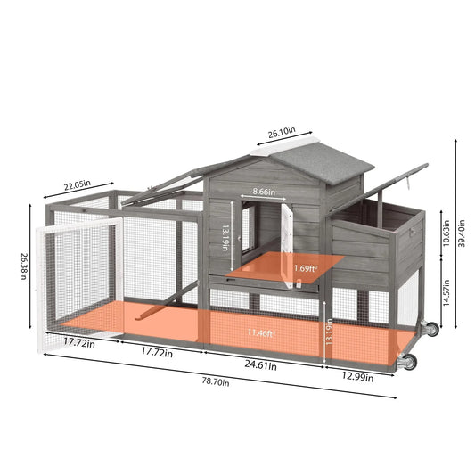 PETSCOSSET 78.7" Chicken Coop with Run Large Wooden Chicken House with Wheels, Combinable, Gray
