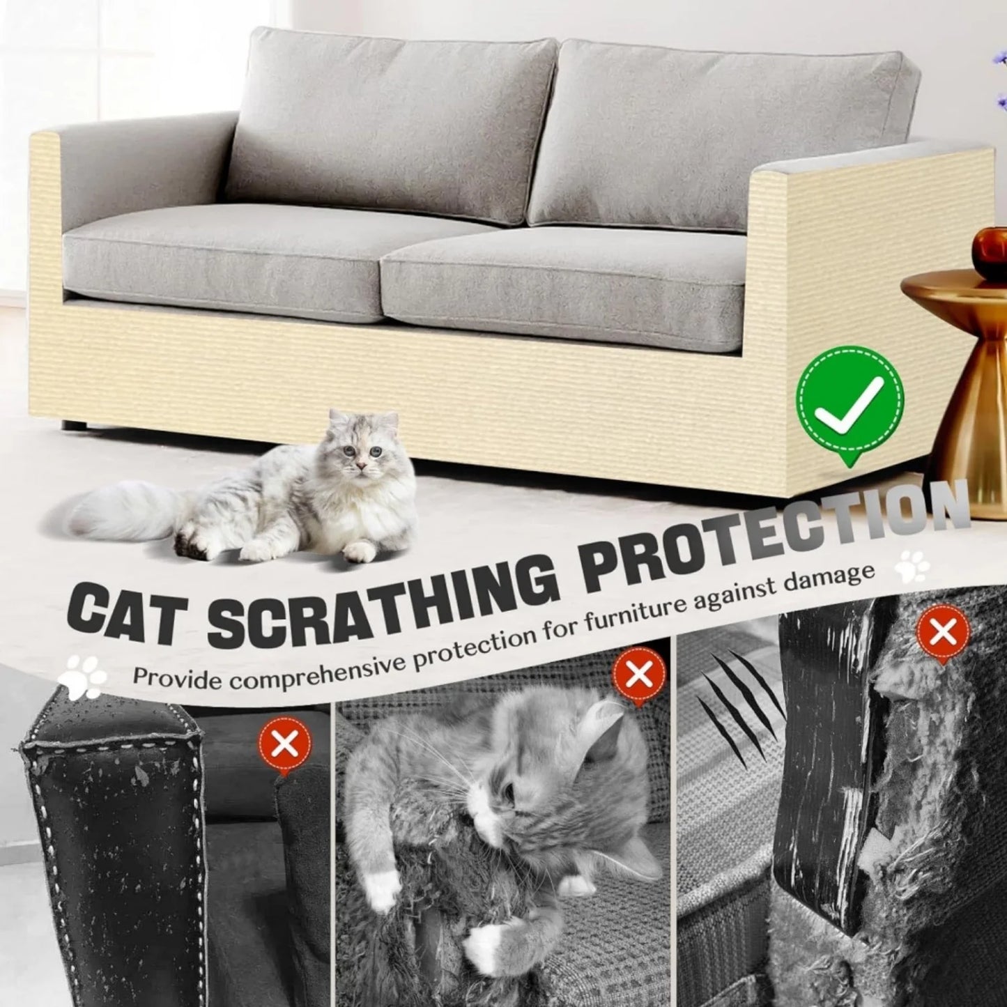 Katieovy Trimmable Cat Scratch Furniture Protector,39.3x15.8In Adhesive Cat Scratch Pad Deterrent for Cat Couch Furniture,Wall Protector,Covering Cat Tower,Off White