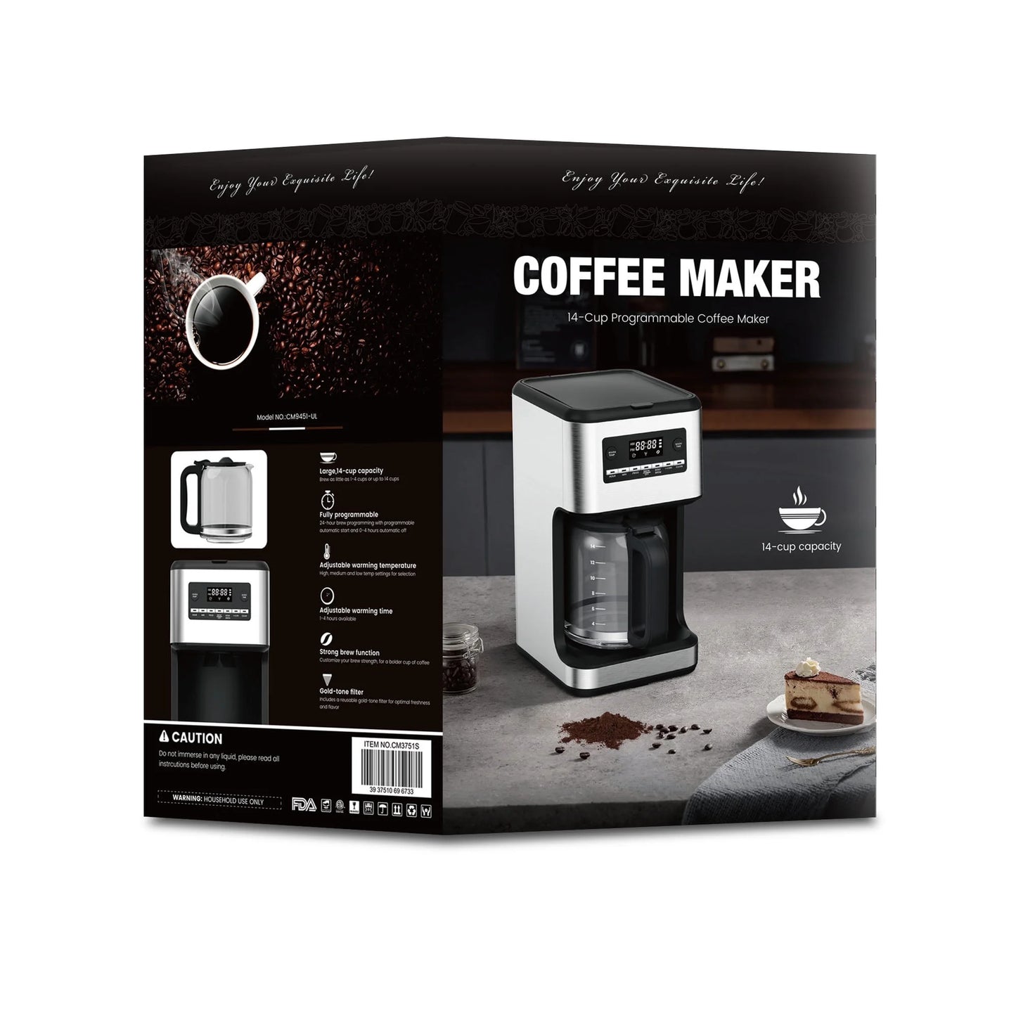 Moifoi 14-Cup Stainless Steel Programmable Coffee Maker: 24H Scheduling, Self-Clean, Large Glass Carafe, Reusable Filter, for Home/Office
