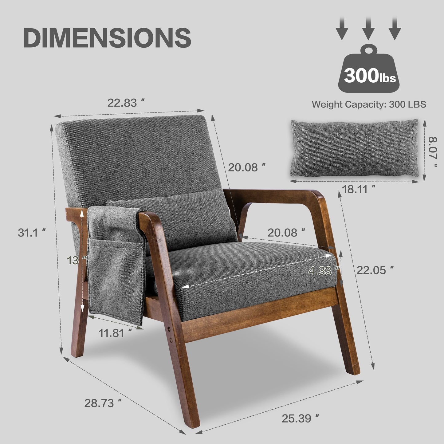 spanspace Modern Accent Chair, Linen Fabric Arm Chair with Wood Frame and Pillow, Upholstered Armchair Comfort Reading Chair Lounge Chair for Living Room Bedroom, Grey