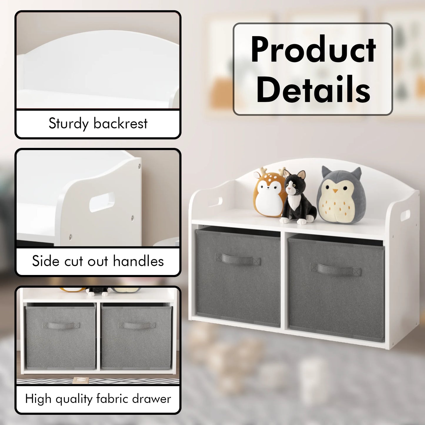 Kids Toy Box, Seizeen Toy Chest with Foldable Fabric Drawer for Boys&Girls, Toy Bench, Multi-functional Storage Cabinet with Bench, White&Gray