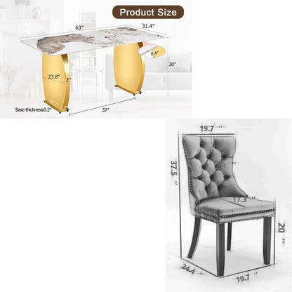 Sumdeal 63" Modern Sintered Stone Dining Table with 6 Velvet Dining Chairs,White pattened Table with Golden Leg,6 Beige Chairs