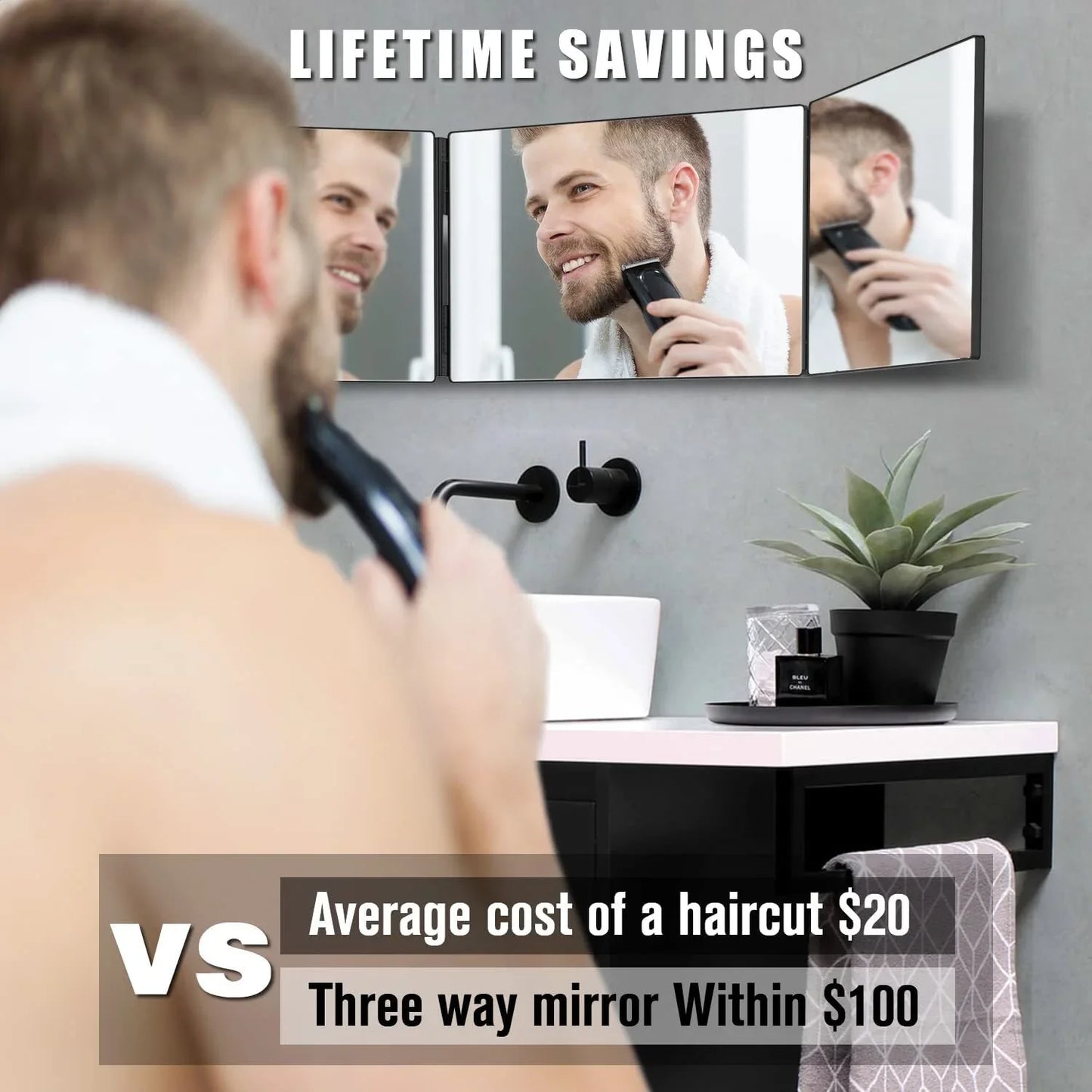 GoXteam 3 Way Mirror for Hair Cutting, Tri-fold Mirror for Shaver and Makeup , Height Adjustable with Two Hold Nails Self Haircut Mirror can as a Gift for Men or Women