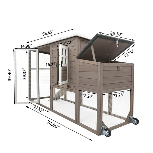 PETSCOSSET 75" Chicken Coop 2-Story Large Wooden Chicken Cage with Wheels, Nesting Box, Asphalt Roof, Removable Tray and Ramp for 1-4 Chickens, Grey