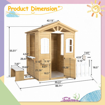 COCLUB Play House for Kids Ages 4-8, Outdoor Wooden Playhouse with Play Kitchen, Snack Bar, Picnic Bench, Mailbox, Flowerpot Holders, 39" x 38" x 55.5"