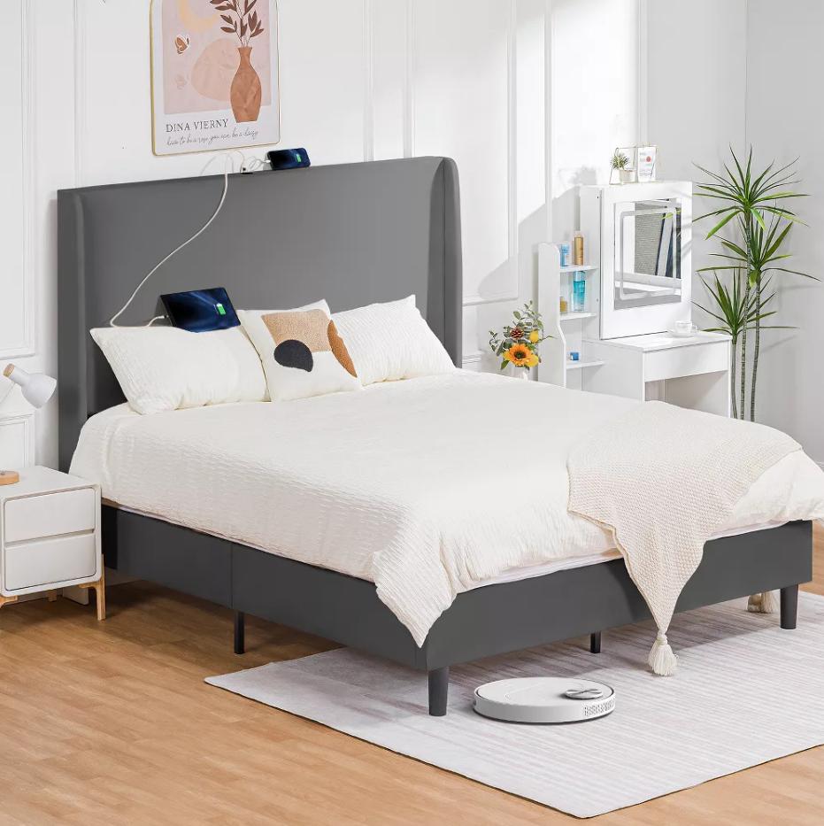 COMHOMA Bed Frame with Type-C  USB, 51 High Headboard Tall, Wood Slat Support