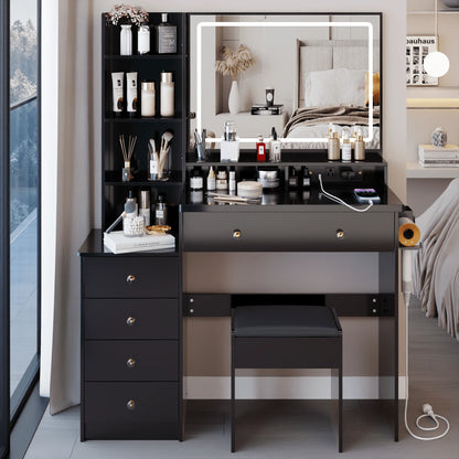 Vanity Set with Mirror and Lights, Modern 41" Lighted Makeup Vanity Table Set with Charging Station, Vanity Desk with Chair Set for Girls, Dressing Table with Drawers for Bedroom, Black