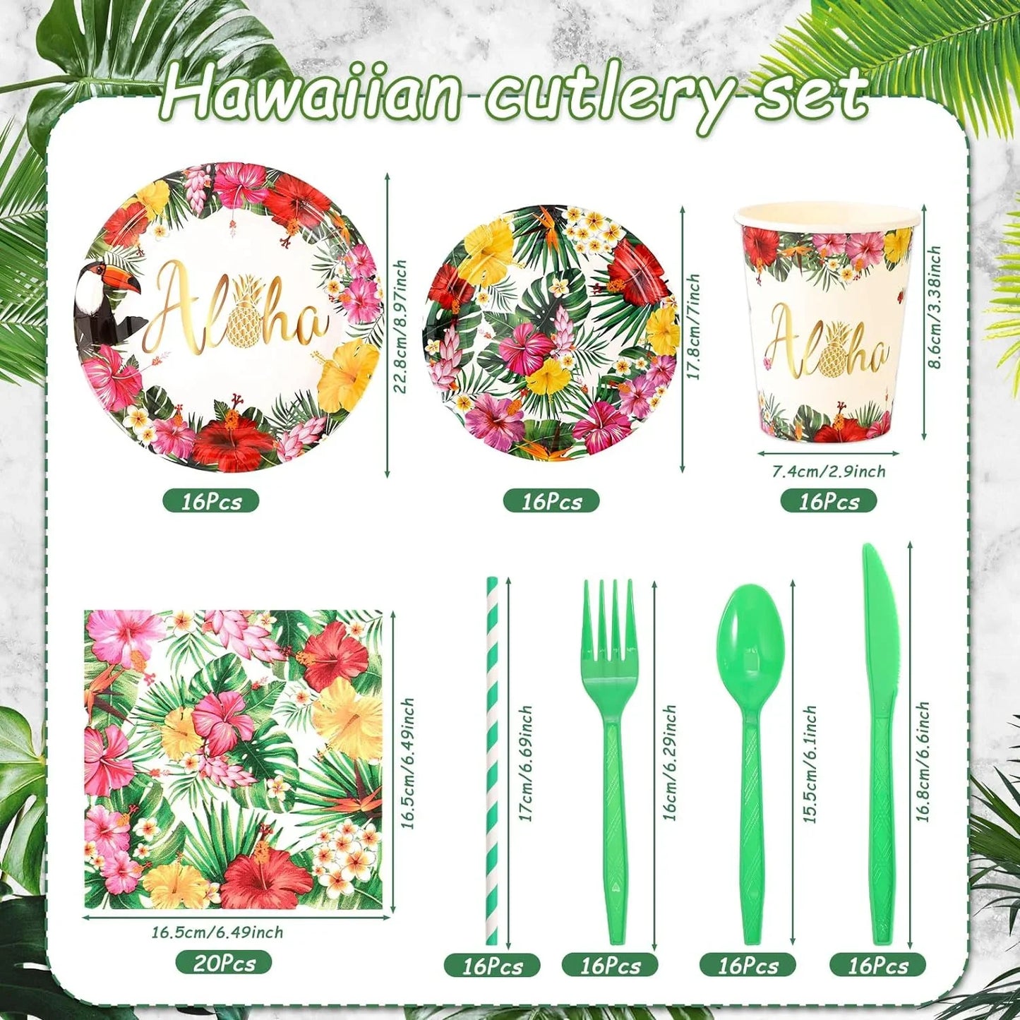 133Pcs Hawaiian Luau Party Supplies Tropical Dinnerware Set Serves 16, Aloha Plates Napkins Cups Tablecloth Knives Forks Spoons for Birthday Luau Party Decorations