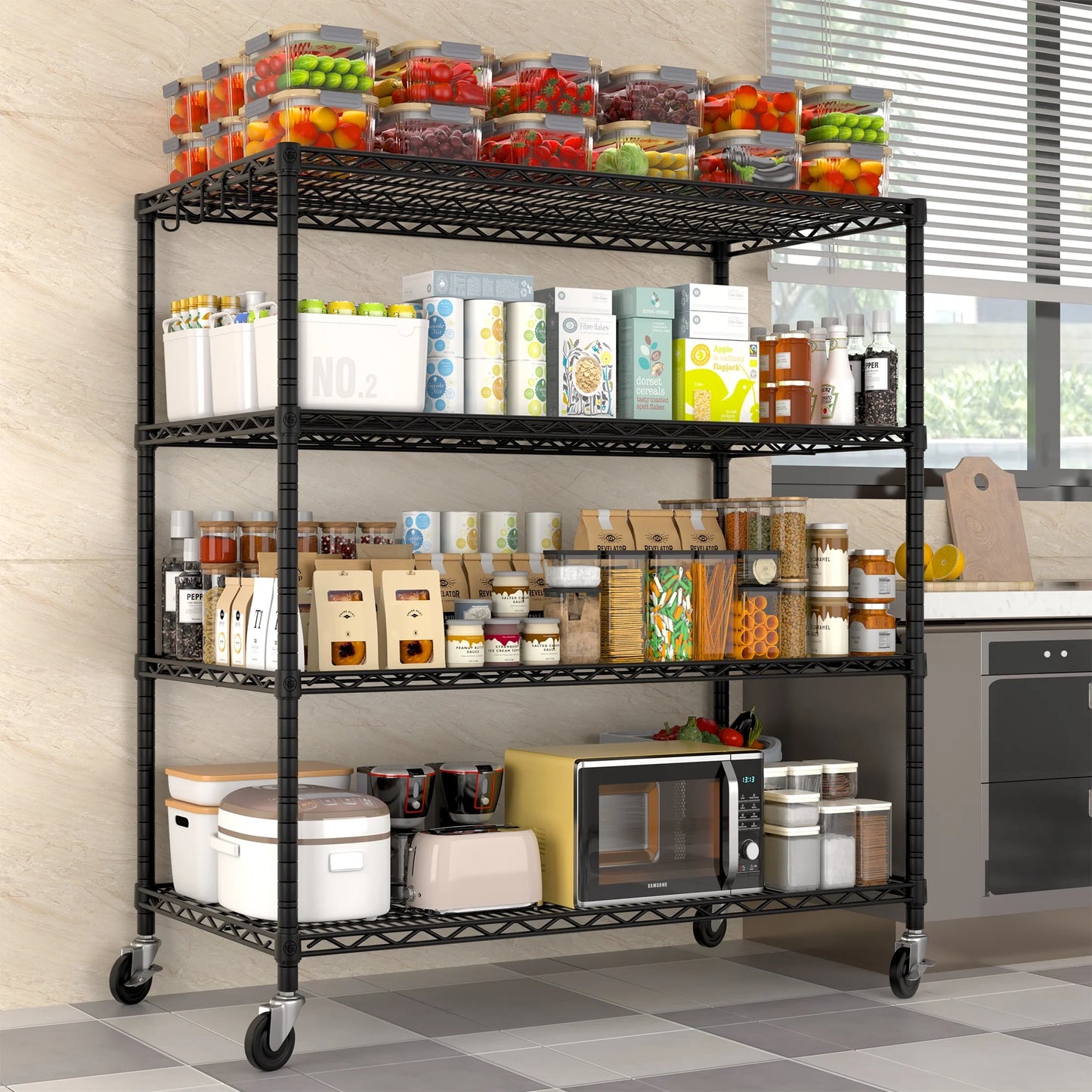 TrumanPick 4-Tier Movable Storage Rack, 55.5''W x 24''D x 76''H Heavy Duty Adjustable Wire Shelving Rack for Garage 2400 lbs Capacity, Black