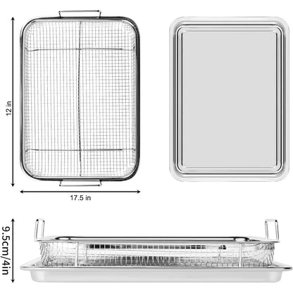 Air Fryer Basket for Oven, 2 Set Stainless Steel Air Fryer Pan and Crisper Tray, Non-stick Oven Air Fryer Basket for Baking and Crispy Foods Chicken, French Fry and Frozen Food (11.8 x 15.7 Inch)