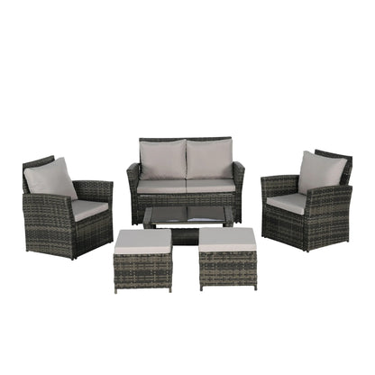 Segmart Outdoor Patio Furniture Sets with Ottoman, 6 Pieces PE Rattan Wicker Patio Conversation Set with Tempered Glass Coffee Table, Perfect for Garden, Poolside, Backyard, Light Gray