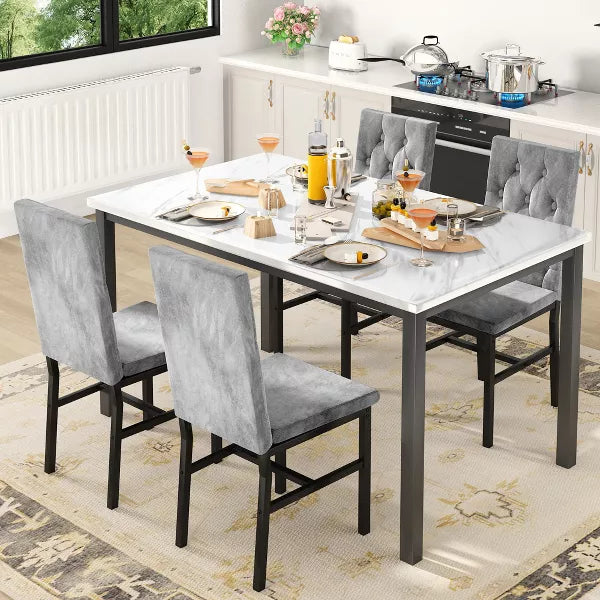 Hooseng 5-Piece Dininng Room Table Set with 4 Uphosltered Dining Chairs, Faux Marble Table Top and Metal Frame Space-Saving Dining Table Set for 4