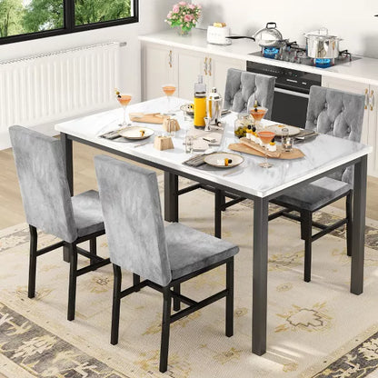 Hooseng 5-Piece Dininng Room Table Set with 4 Uphosltered Dining Chairs, Faux Marble Table Top and Metal Frame Space-Saving Dining Table Set for 4
