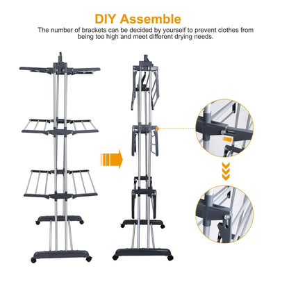 Homemart Clothes Drying Rack, 4-Tier Foldable Laundry Drying Rack, Stainless Steel Garment Clothes Dryer Indoor or Outdoor Standing Clothing Rack with Wheels