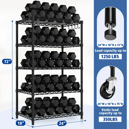 TrumanPick 5-Tire Heavy Duty Storage Shelves, Adjustable Wire Shelving Unit for Garage Kitchen,Storage Rack Load1250 lbs, 24"W*18"D*72"H, Black