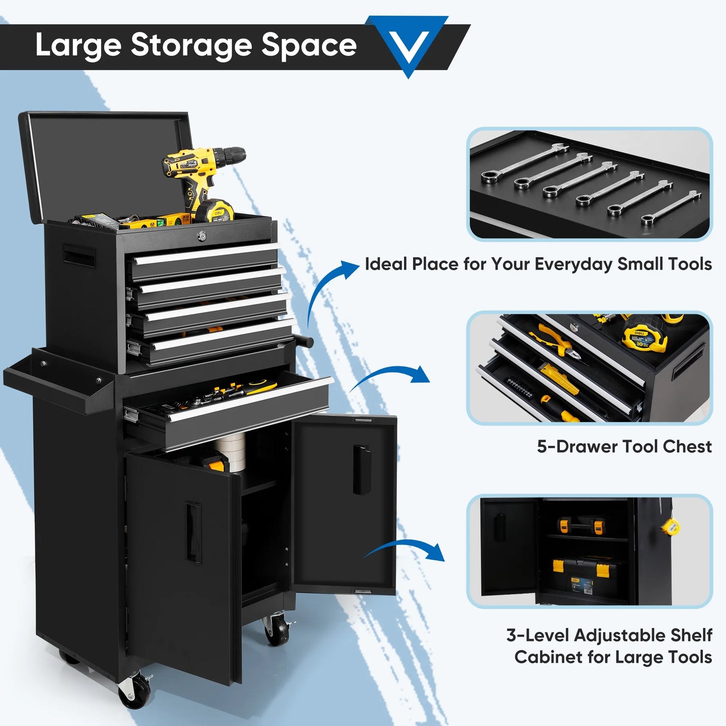 Steelite 26-Inch Tool Chest & Storage Cabinet, 5 Drawers Rolling Tool Chest with Detachable Top Tool Box for Garage Warehouse Workshop, Rolling Garage Organizer with Handle and 6 Hooks