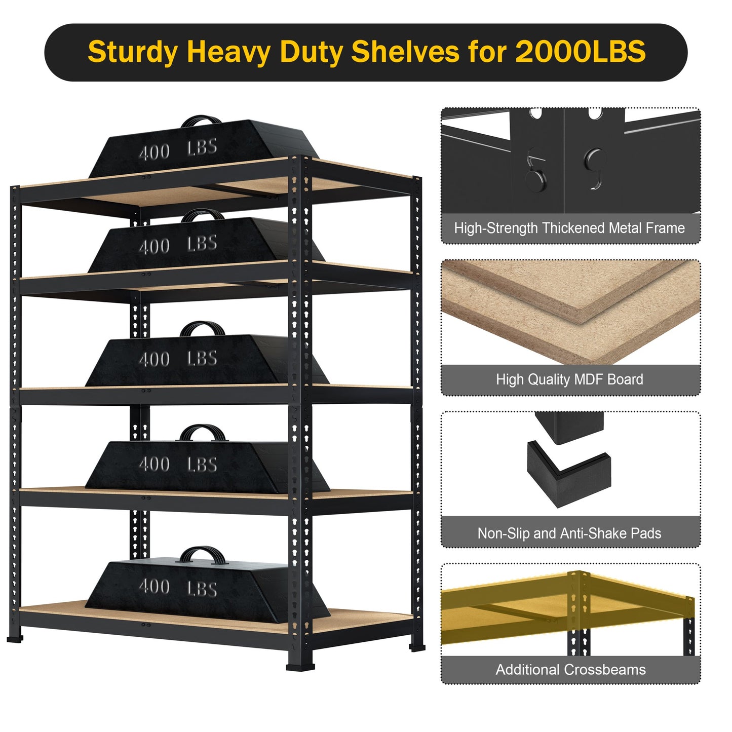 TrumanPick Storage Shelves Garage Shelving Units Metal Heavy Duty Adjustable Shelf Rack 36"  x 12"  x 72" 5 Tier 2000lbs for Warehouse Pantry Closet, Black