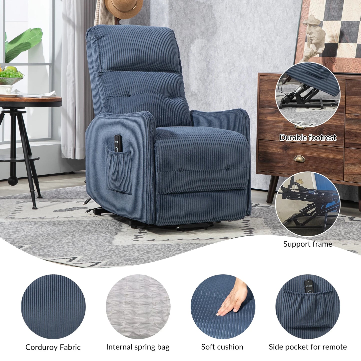 UHOMEPRO Power Lift Recliner Chair for Elderly and Adults, Modern Single Sofa Recliner with Infinite Position and Side Pockets, Electric Reclining Mechanism for Living Room Home Theater, Navy
