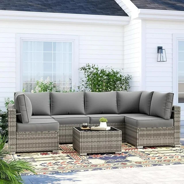 UDPATIO Patio Furniture Sets, Modular Rattan Outdoor Patio Sectional Furniture Sofa Set, Wicker Patio Conversation Set for Backyard, Deck w/Coffee Table, 7PC Grey/Grey (Include Sofa Cover)
