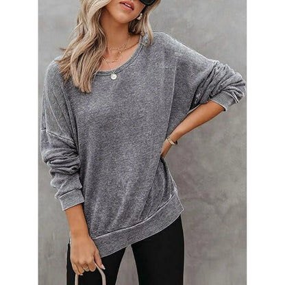 TEMOFON womens long sleeve tops Oversized Sweatshirts Waffle Knit Crew neck fashion Side Slits Casual Pullover Gray