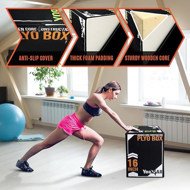 3-in-1 Soft-Padded Plyo Box With Wooden Core, Non-Slip Multi-Use Cushioned Plyometric Jump Box for Jumping, Conditioning, Strength Training