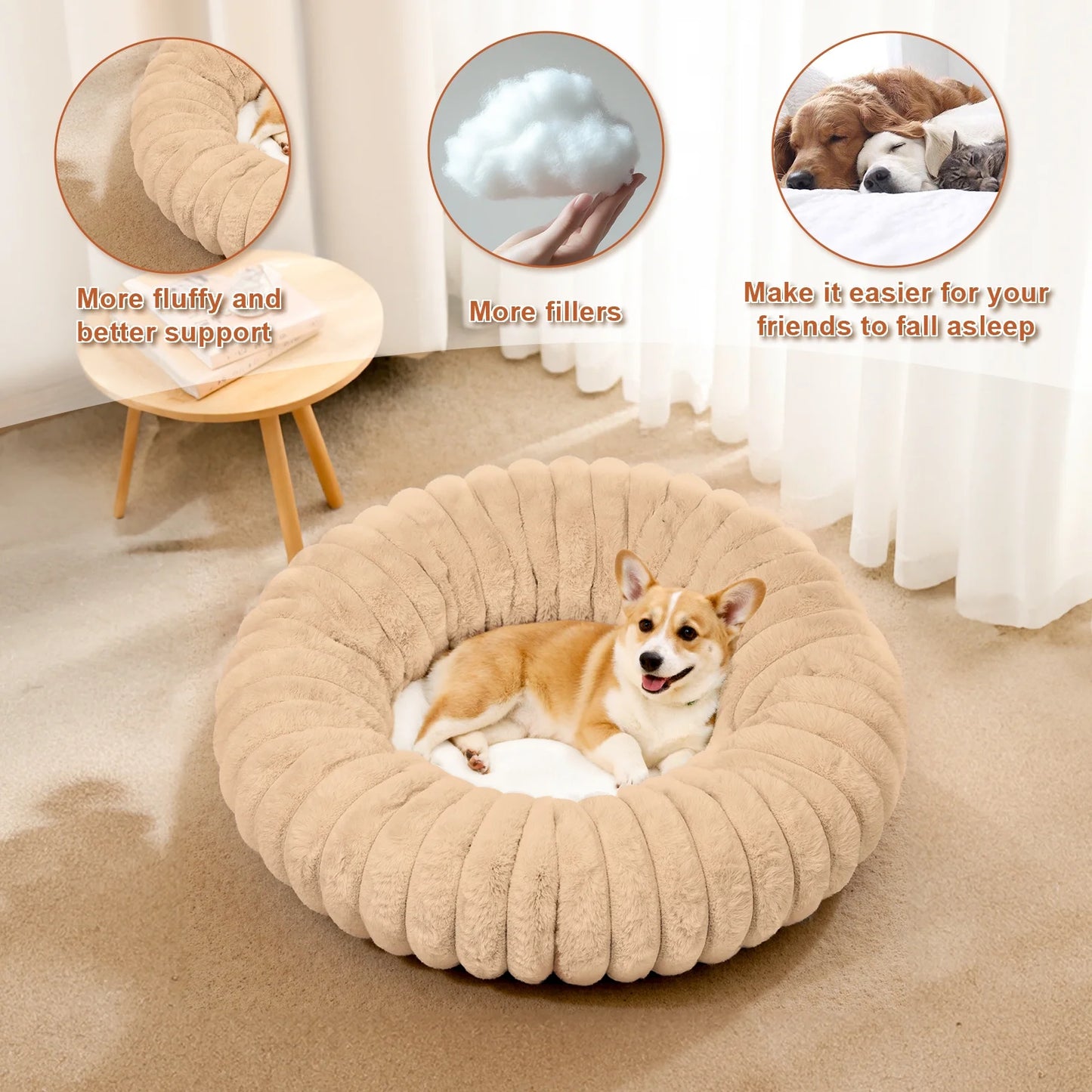Katieovy Donut Dog Beds for Medium Dogs,Fluffy Calming Dog Beds with Non-Slip Bottomm,24 x 24 inch Washable Round Dog Cat Beds,Apricot
