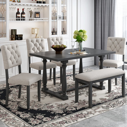 EUROCO 6-Piece Dining Table and Chair Set with Special-shaped Legs and Foam-covered Seat Backs&Cushions for Dining Room