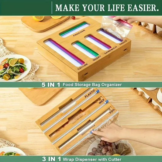 9 in 1 Storage Bag Organizer For Kitchen Drawer Combo, Bamboo Foil And Plastic Wrap With Cutter, Organizers Compatible Gallon, Quart, Sandwich Snack Size, Birthday Gifts, New Year Gift