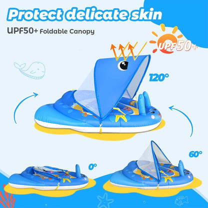 Ucradle Baby Pool Float with Canopy UPF50+ Sun Protection, 6-24 Months Inflatable Infant Swimming Ring with Adjustable Safety Seat
