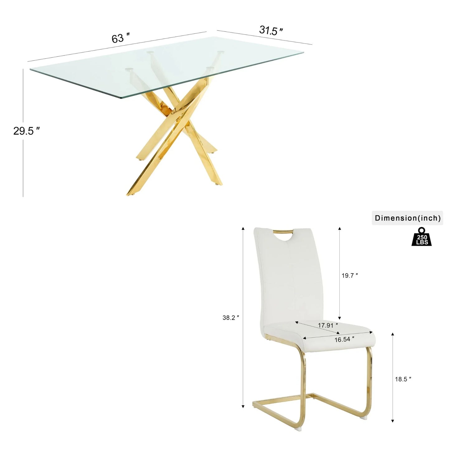 Sumdeal 63" Glass Dining Table Set for 6,Gold Base Dining Room Table with 6 Gold Leg C Shape Chairs