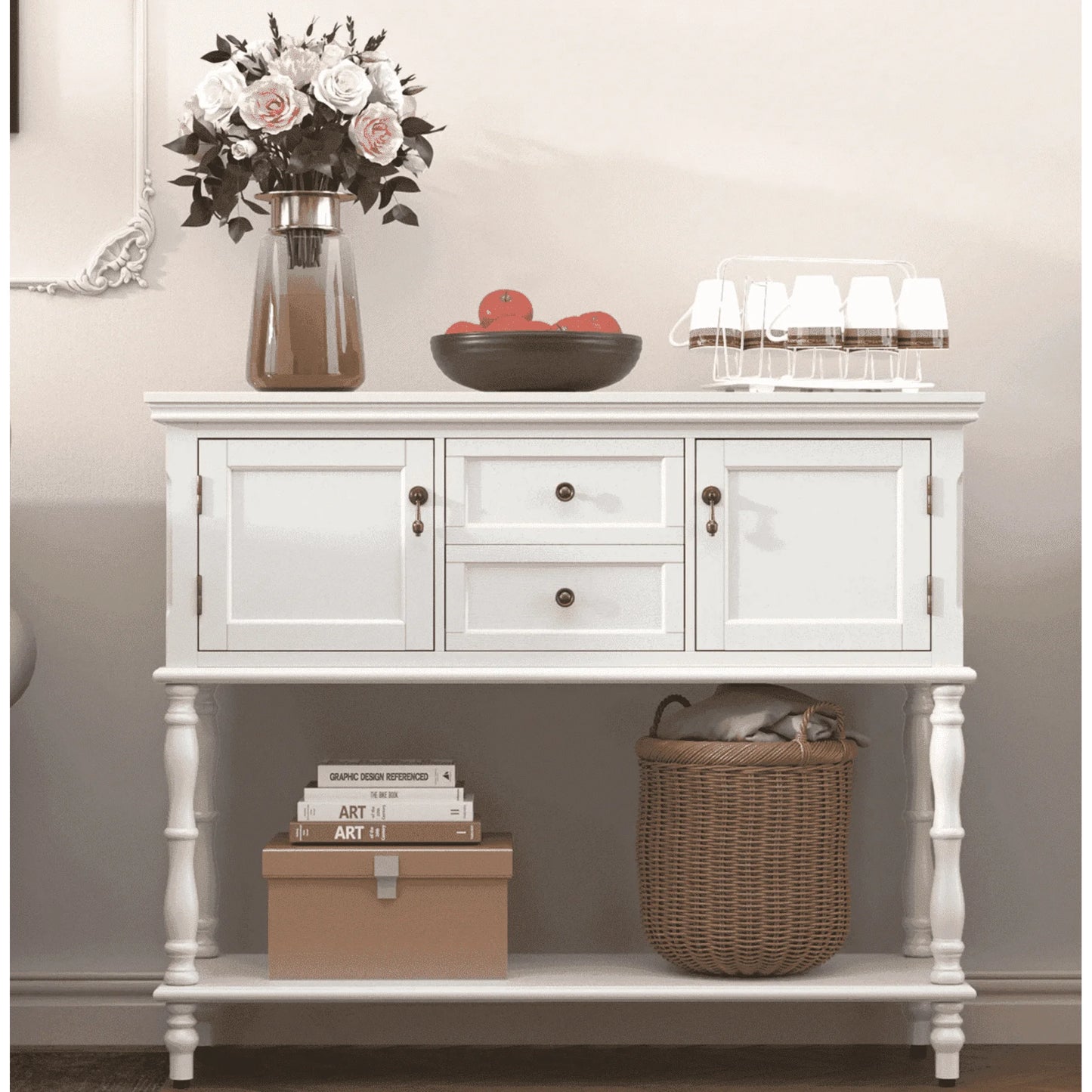 CBJCBJ 42"Wood Multifunctional Storage Console | 2-Drawer & 2-Door Entryway Organizer, Small Spaces 200lb White