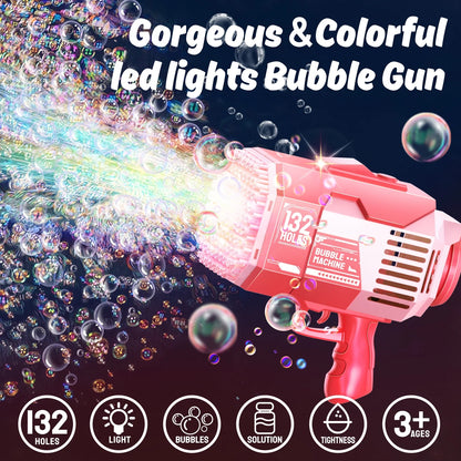JoyStone Bubble Machine, 132 Holes Automatic Bubble Gun Toys with Colorful Lights and 30 Packs Refill Solution for Kids, Pink