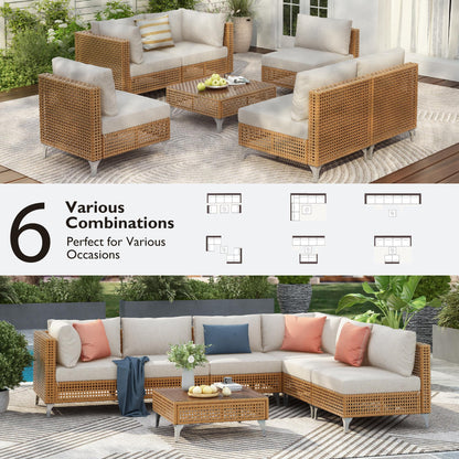 Wicker Sectional Table and Chairs Sets, 7 Pieces Outdoor Wicker Patio Furniture Set with Sectional L-Shaped Chaise Longue, Armchair, Tempered Glass Table for Porch Backyard Garden, Beige