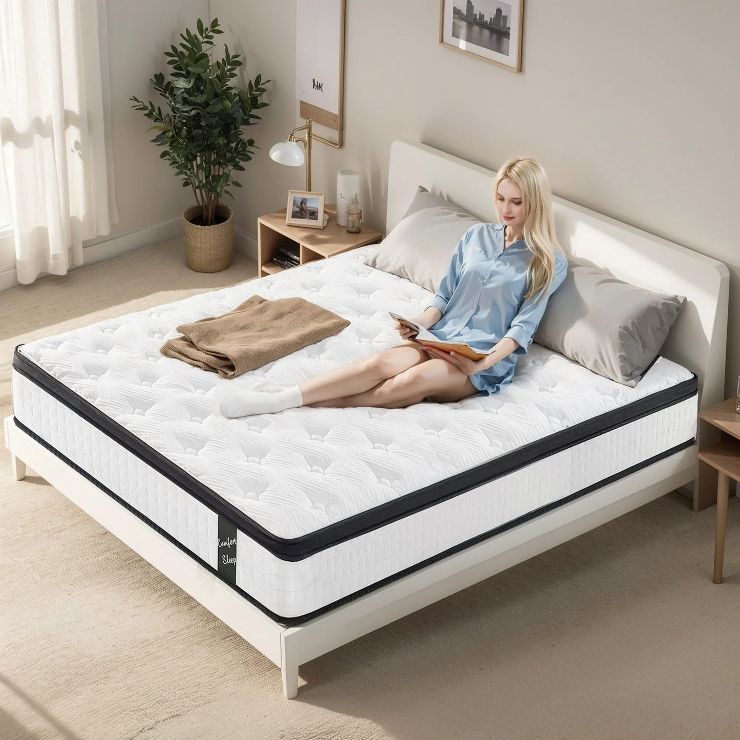Queen Mattress, PENTINM 12 Inch Memory Foam Mattress in a Box, Cool Hybrid Individual Pocket Springs Queen Size Mattress with Breathable Knitted Fabric and Edge Support, Medium Firm, White
