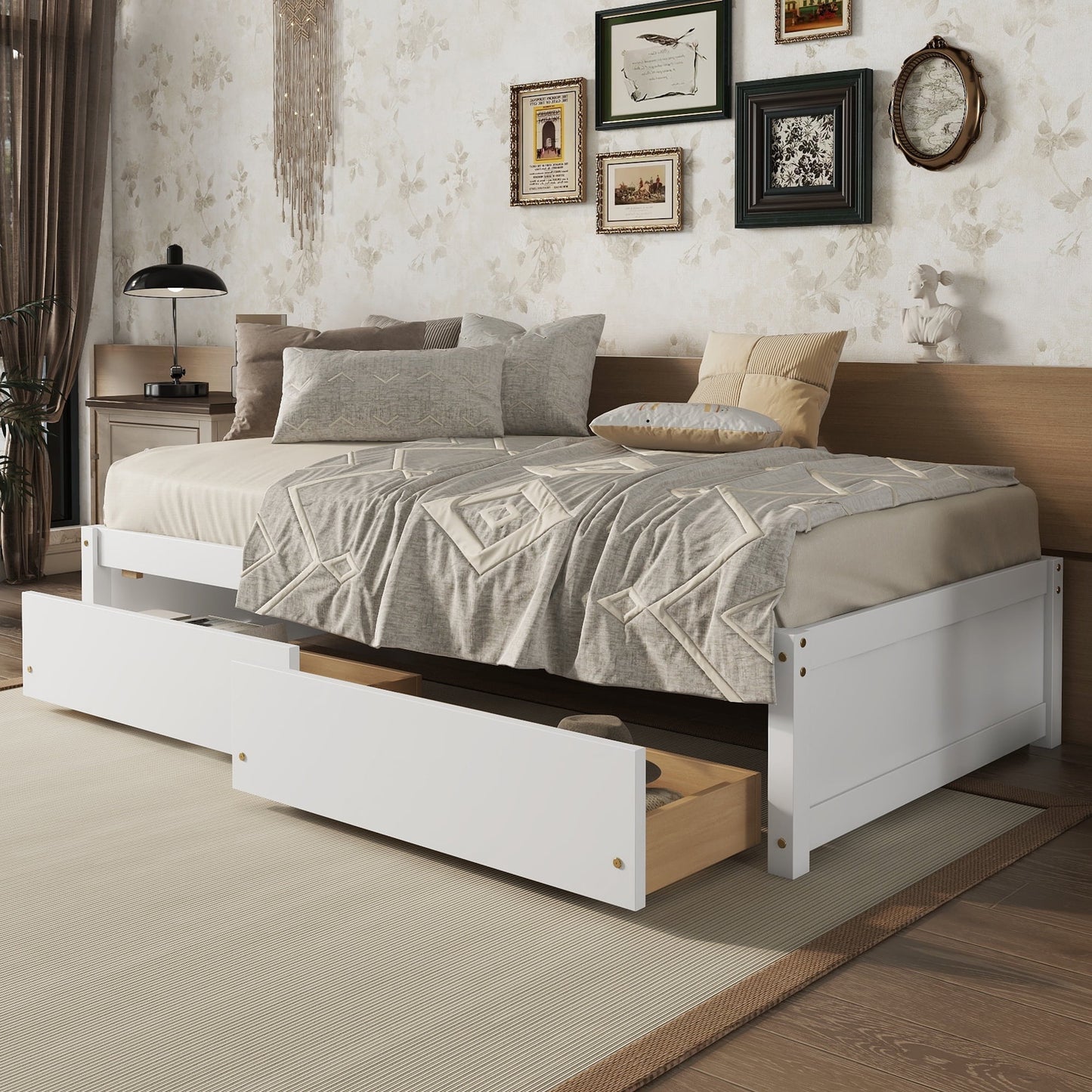 Segmart Twin Daybed Bed for Kid's Room, Farmhouse Style Solid Wood Twin Captain's Bed with 2 Storage Drawers, 200lbs, White