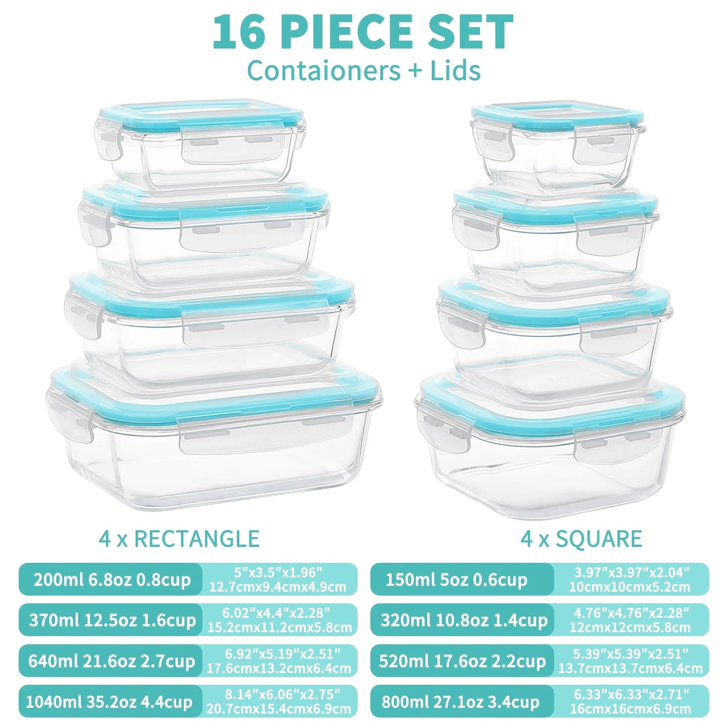16 Pcs Glass Food Storage Containers , Meal Prep , Airtight Bento Boxes with Leak Proof Locking Lids, for Microwave, Oven, Freezer and Dishwasher, BPA Free