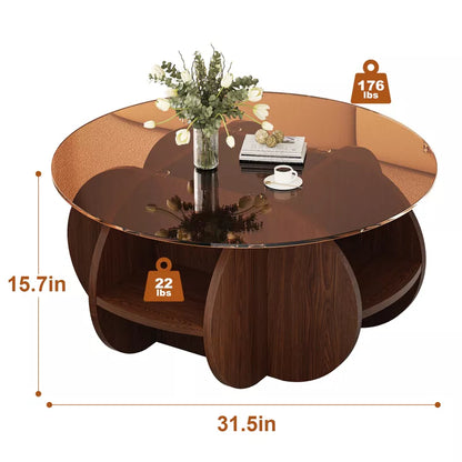 Dolonm 2-Tier Round Coffee table with Glass Top,31.5" Round Coffee Tables for Small Spaces,Wooden Frame with storage for Living Room