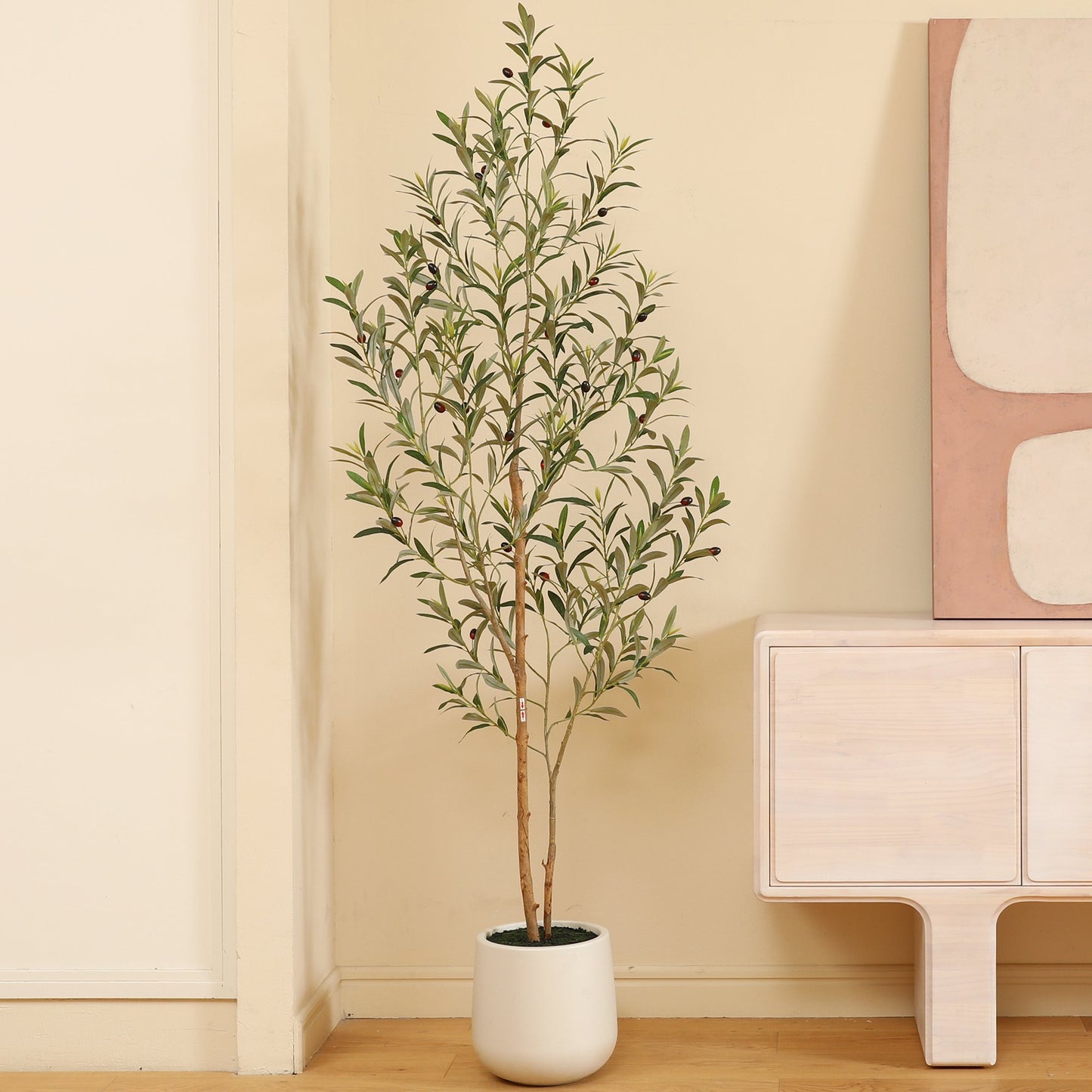 6ft Artificial Olive Tree with 10.5 inch White Planter, Tall Fake Olive Trees with Natural Wood Trunk and Lifelike Fruits, Faux Olive Silk Tree for Home Decor and Gift