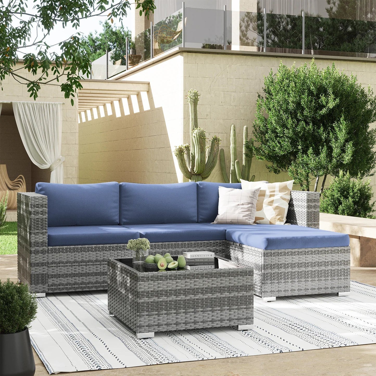 UDPATIO Patio Furniture Set 5 Pieces Modular Outdoor Couch with Glass Coffee Table, L Shaped Wicker Sectional Sofa Patio Conversation Set for Backyard Porch Balcony