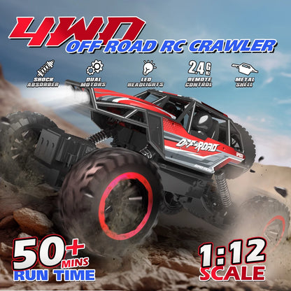 JoyStone 1:12 RC Cars 4WD Off-Road 2.4Ghz RC Monster Truck with Metal Shell and Light, Remote Control Car Crawler for Adult and Kid, 2 Batteries, Red