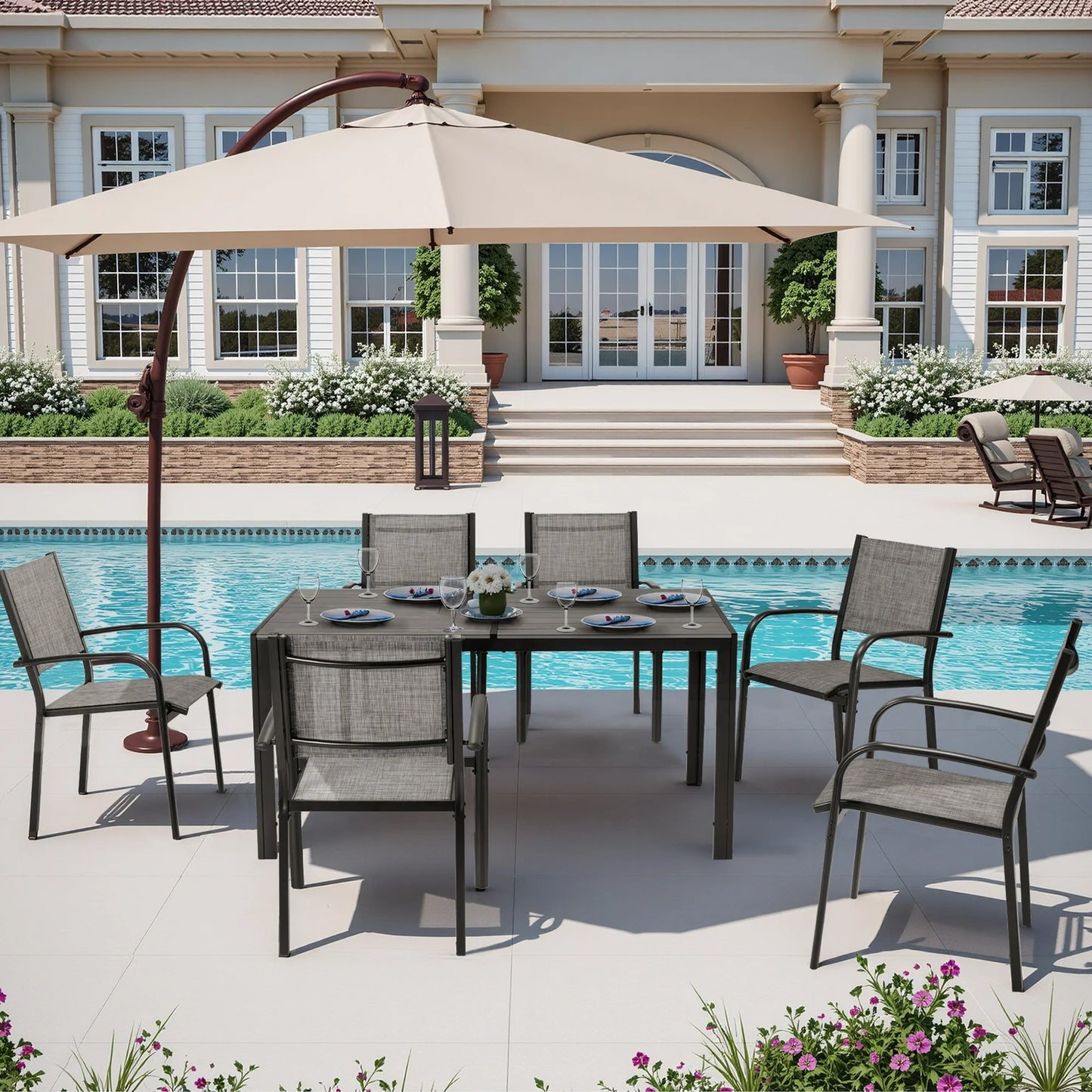 7 Piece Outdoor Dining Set, Patio Dining Table Set for 6 Persons, Garden Patio Textilene Dining Furniture Set with Plastic-Wood Tabletop, Dining Table Chairs Conversation Set for Deck Patio