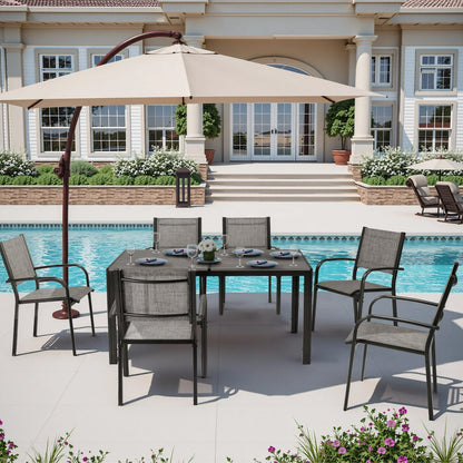 7 Piece Outdoor Dining Set, Patio Dining Table Set for 6 Persons, Garden Patio Textilene Dining Furniture Set with Plastic-Wood Tabletop, Dining Table Chairs Conversation Set for Deck Patio