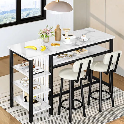 Hooseng 3-Piece Dining Room Table Set with 2 Upholstered Bar Stools, Modern Farmhouse Style Bar Table Set for 2 with Multiple Tier Storage Shelves